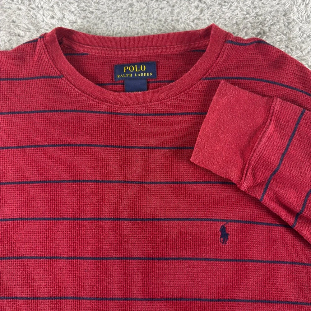Polo Ralph Lauren Mens Red Navy Blue Striped Waffle Knit Thermal Shirt Large L